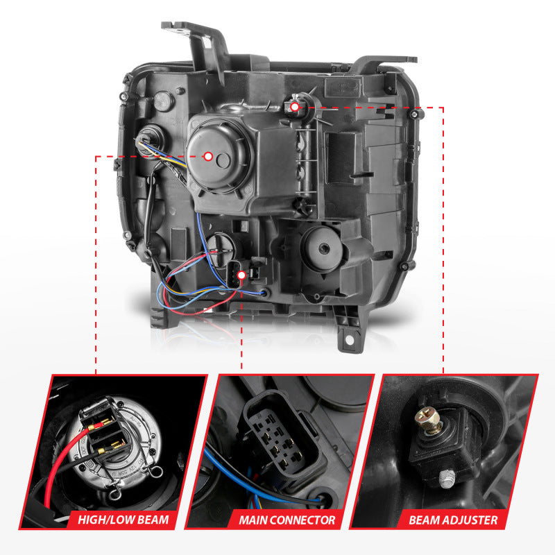 ANZO Plank Style Projector Headlights for GMC Sierra, showcasing sleek design and advanced lighting technology.