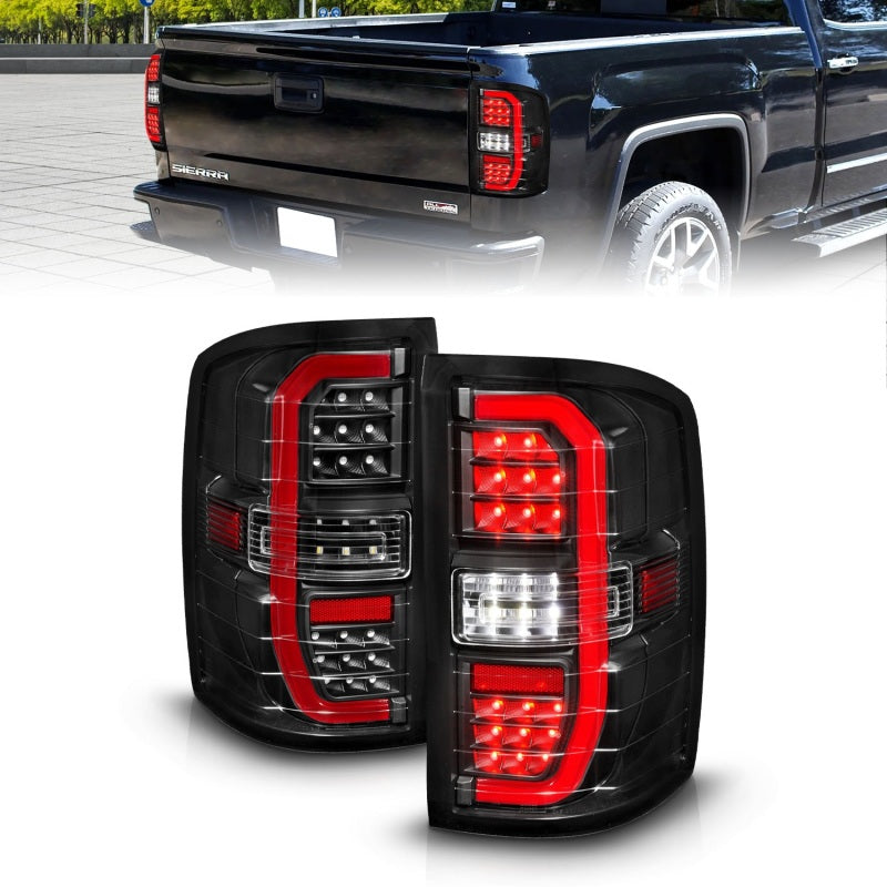ANZO 14-18 GMC Sierra 1500 Full LED Taillights featuring black housing and clear lens, showcasing modern design and bright illumination.