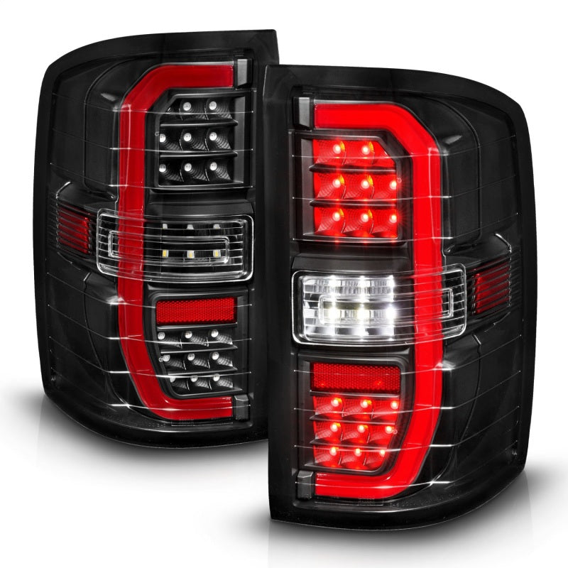 ANZO 14-18 GMC Sierra 1500 Full LED Taillights featuring black housing and clear lens, showcasing modern design and bright illumination.