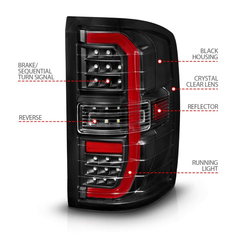 ANZO 14-18 GMC Sierra 1500 Full LED Taillights featuring black housing and clear lens, showcasing modern design and bright illumination.