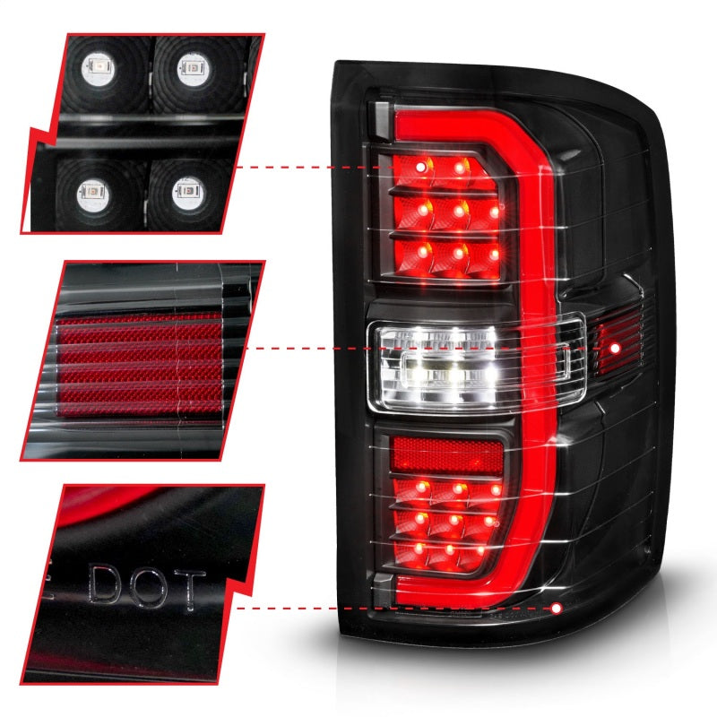 ANZO 14-18 GMC Sierra 1500 Full LED Taillights featuring black housing and clear lens, showcasing modern design and bright illumination.
