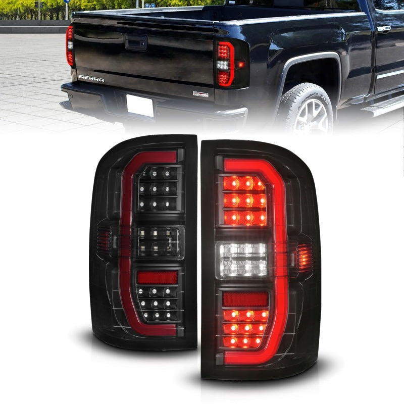 ANZO Full LED Taillights for GMC Sierra 1500 with black housing and smoke lens, showcasing modern design and bright LED lights.