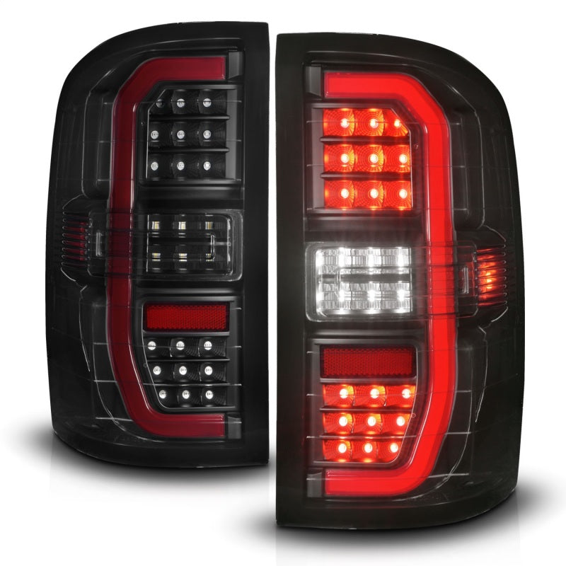 ANZO Full LED Taillights for GMC Sierra 1500 with black housing and smoke lens, showcasing modern design and bright LED lights.