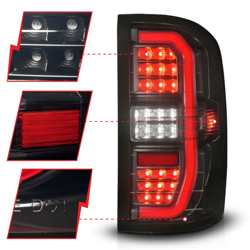 ANZO Full LED Taillights for GMC Sierra 1500 with black housing and smoke lens, showcasing modern design and bright LED lights.