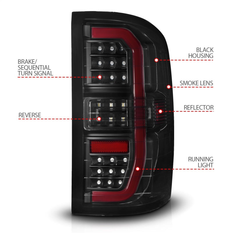 ANZO Full LED Taillights for GMC Sierra 1500 with black housing and smoke lens, showcasing modern design and bright LED lights.