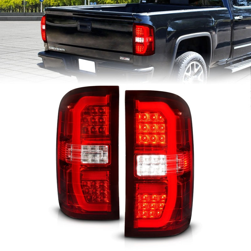 ANZO 14-18 GMC Sierra 1500 LED Taillights in Red/Clear, showcasing modern design and bright LED lights.