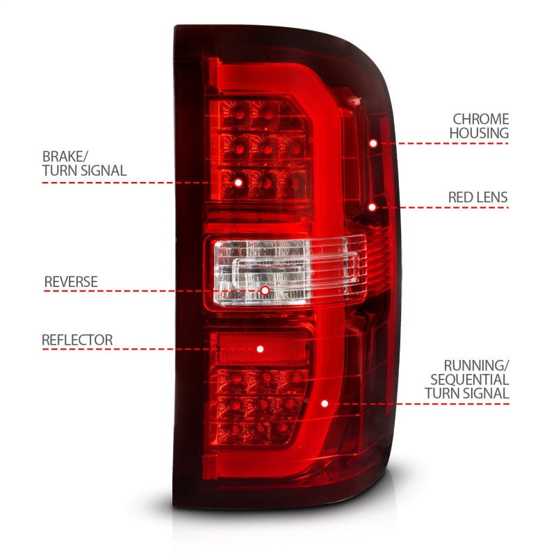 ANZO 14-18 GMC Sierra 1500 LED Taillights in Red/Clear, showcasing modern design and bright LED lights.