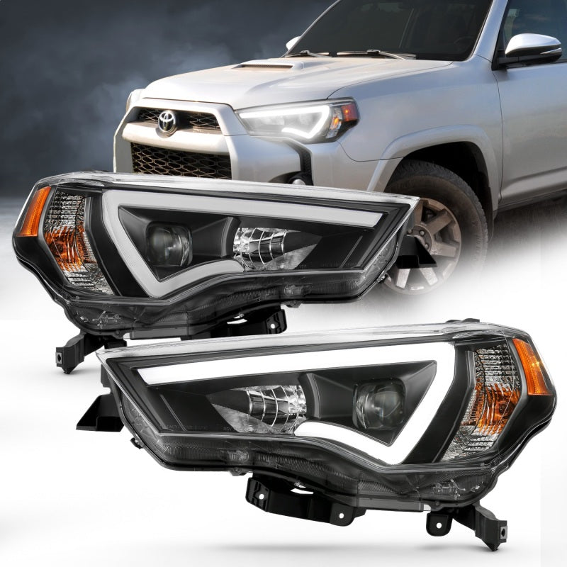 ANZO 14-18 Toyota 4 Runner Plank Style Projector Headlights in black, showcasing modern design and superior lighting technology.