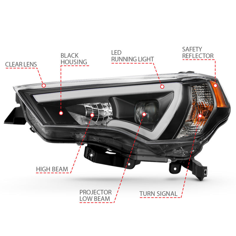ANZO 14-18 Toyota 4 Runner Plank Style Projector Headlights in black, showcasing modern design and superior lighting technology.
