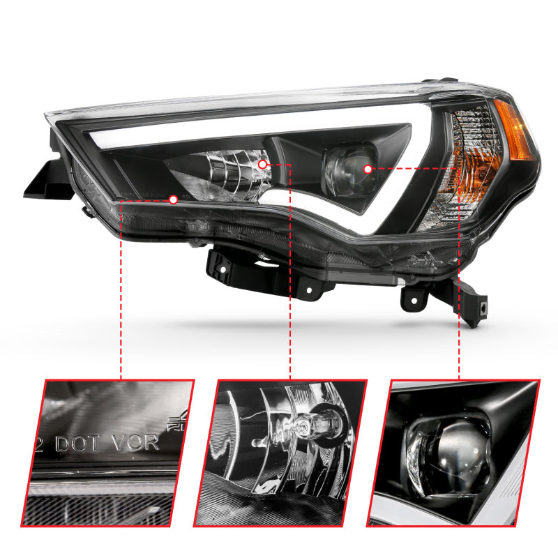 ANZO 14-18 Toyota 4 Runner Plank Style Projector Headlights in black, showcasing modern design and superior lighting technology.