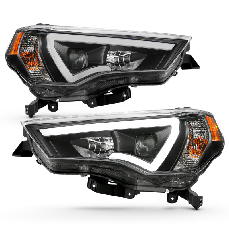 ANZO 14-18 Toyota 4 Runner Plank Style Projector Headlights in black, showcasing modern design and superior lighting technology.