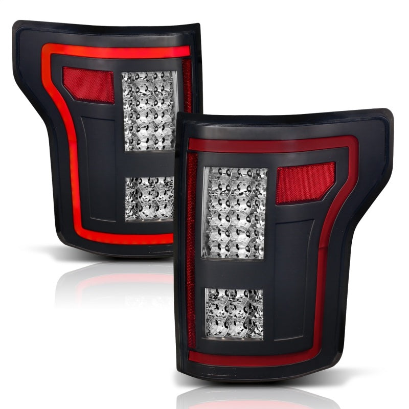 ANZO LED Taillights for 2015-2017 Ford F-150 in black with sequential lighting, showcasing modern design and enhanced visibility.