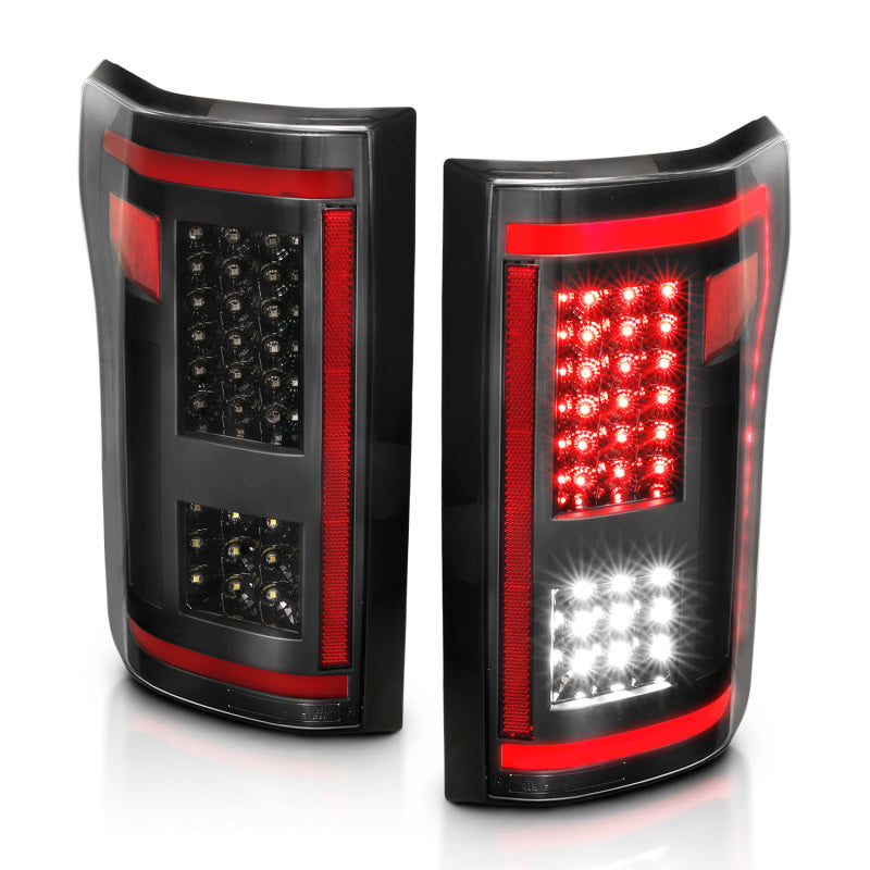 ANZO LED Taillights for 2015-2017 Ford F-150 in black with sequential lighting, showcasing modern design and enhanced visibility.