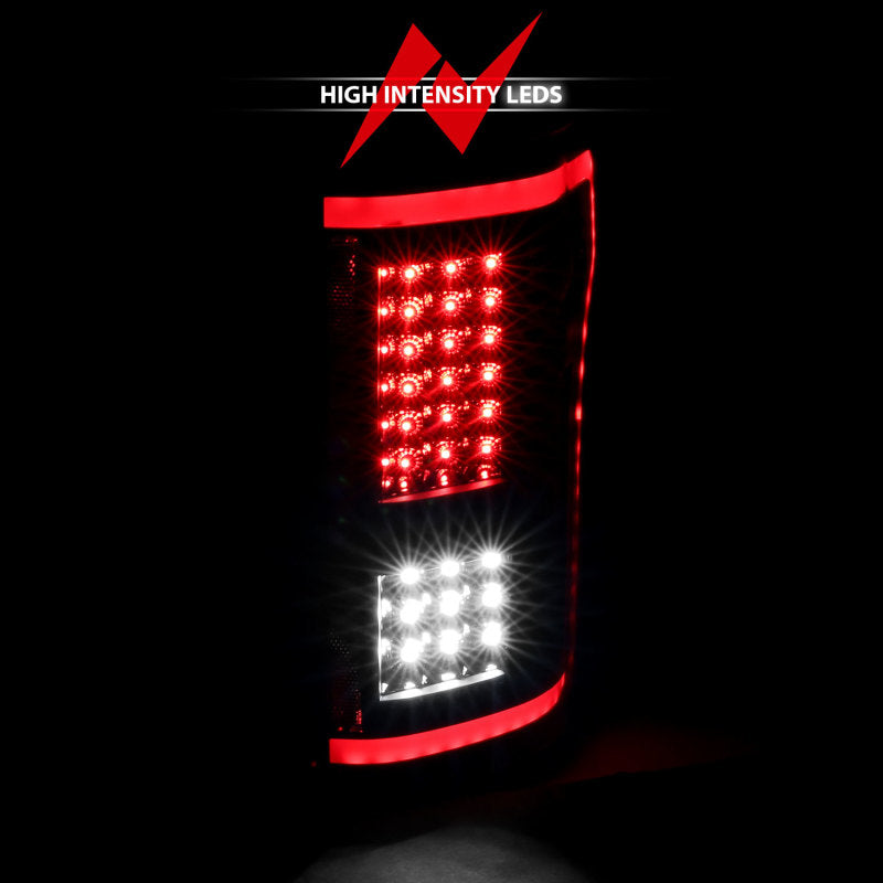 ANZO LED Taillights for 2015-2017 Ford F-150 in black with sequential lighting, showcasing modern design and enhanced visibility.