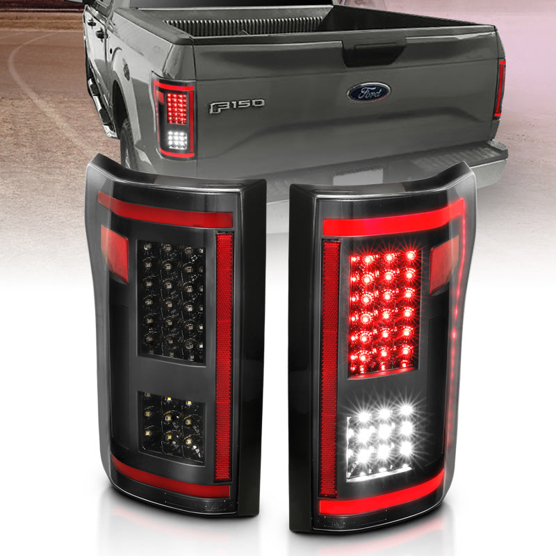ANZO LED Taillights for 2015-2017 Ford F-150 in black with sequential lighting, showcasing modern design and enhanced visibility.