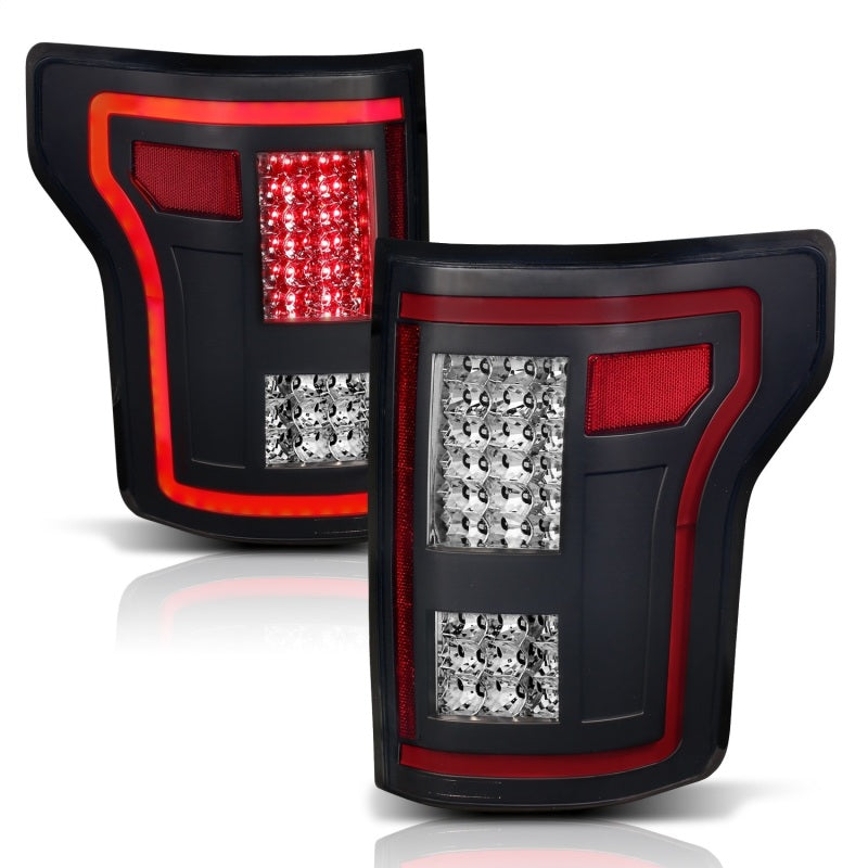 ANZO LED Taillights for 2015-2017 Ford F-150 in black with sequential lighting, showcasing modern design and enhanced visibility.