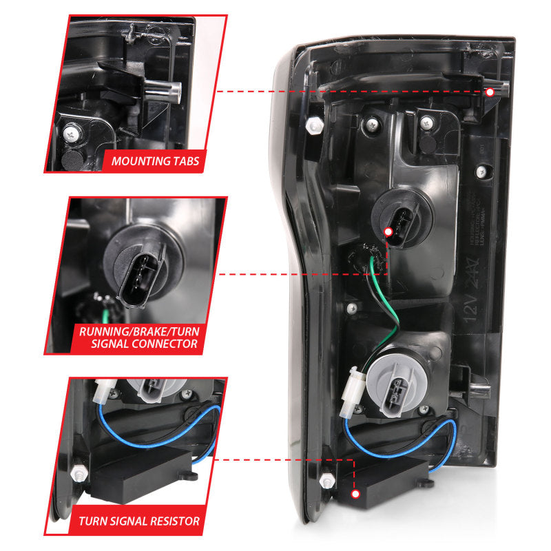 ANZO LED Taillights for 2015-2017 Ford F-150 in black with sequential lighting, showcasing modern design and enhanced visibility.