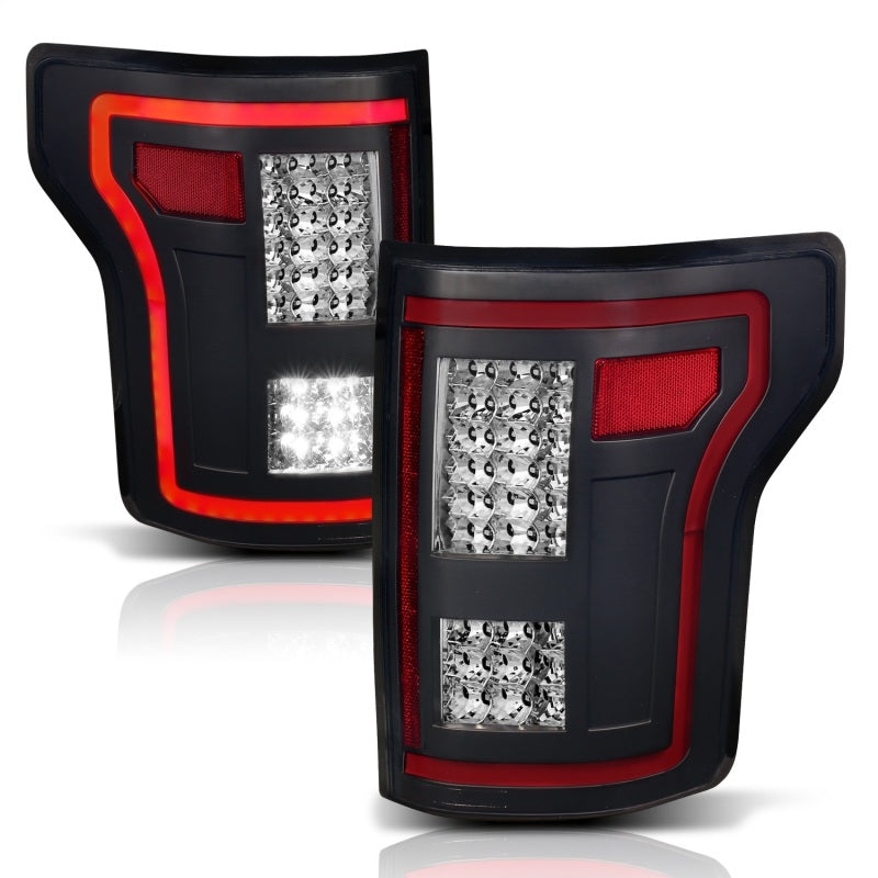 ANZO LED Taillights for 2015-2017 Ford F-150 in black with sequential lighting, showcasing modern design and enhanced visibility.