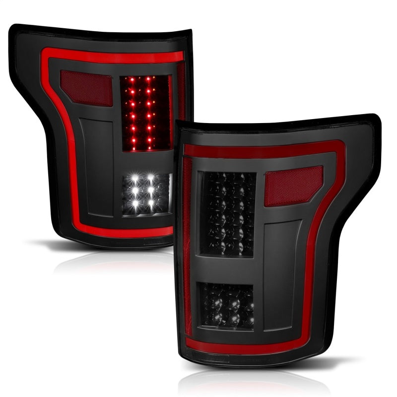 ANZO LED taillights for 2015-2017 Ford F-150 in smoke finish, showcasing modern design and enhanced visibility.
