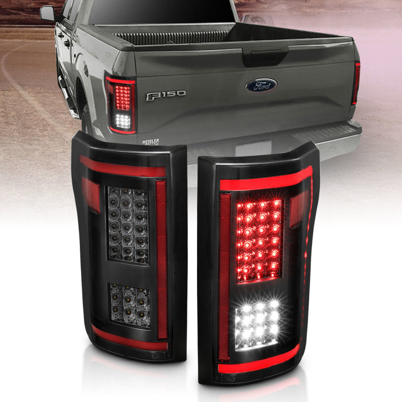ANZO LED taillights for 2015-2017 Ford F-150 in smoke finish, showcasing modern design and enhanced visibility.