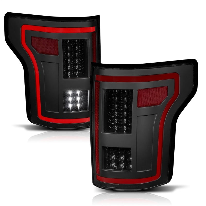 ANZO LED taillights for 2015-2017 Ford F-150 in smoke finish, showcasing modern design and enhanced visibility.