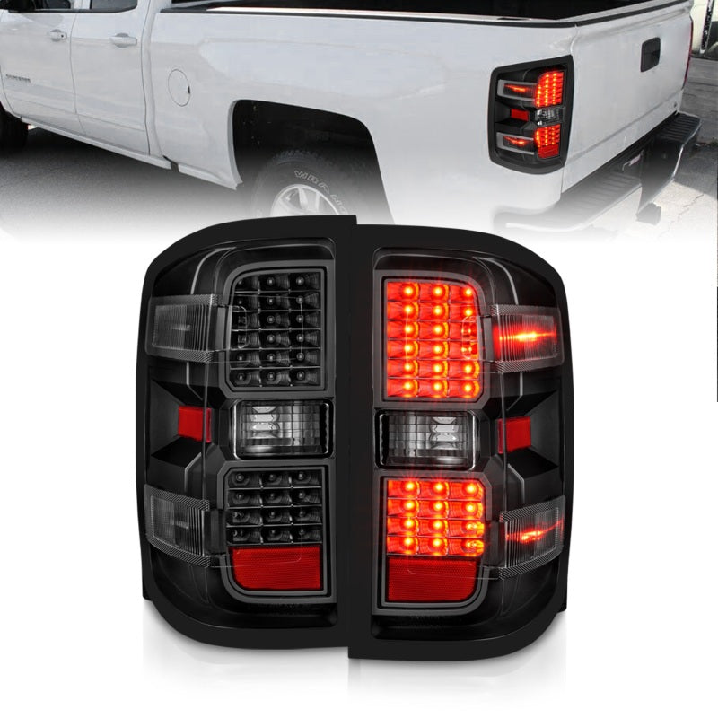 ANZO LED tail lights for 2015-2019 Chevy Silverado 2500HD and 3500HD, showcasing modern design and bright LED technology.