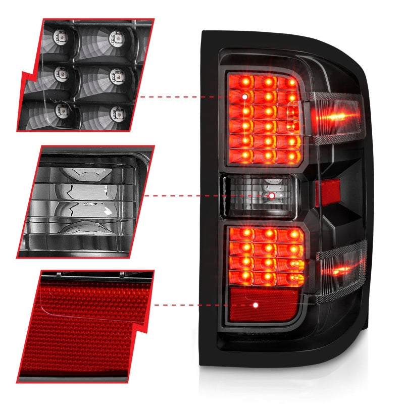 ANZO LED tail lights for 2015-2019 Chevy Silverado 2500HD and 3500HD, showcasing modern design and bright LED technology.