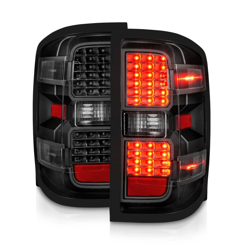 ANZO LED tail lights for 2015-2019 Chevy Silverado 2500HD and 3500HD, showcasing modern design and bright LED technology.
