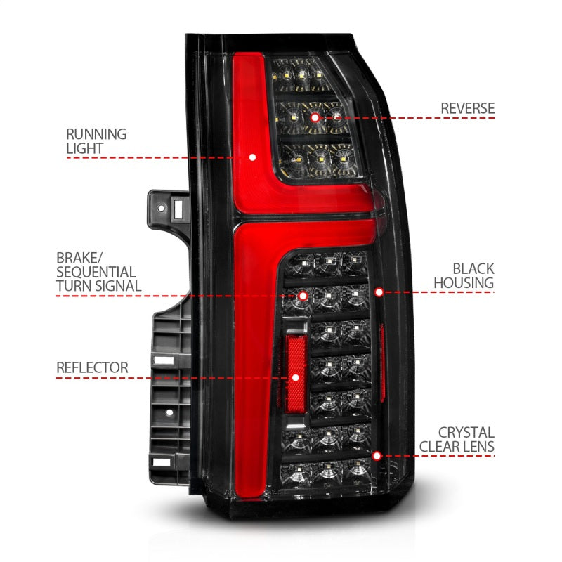 ANZO Sequential LED Tube Taillights for 2015-2020 Chevrolet Tahoe in sleek black finish, showcasing modern design and enhanced visibility.