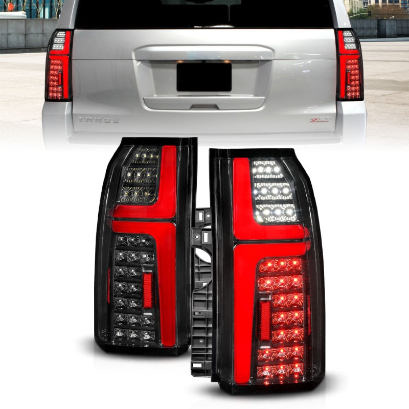 ANZO Sequential LED Tube Taillights for 2015-2020 Chevrolet Tahoe in sleek black finish, showcasing modern design and enhanced visibility.