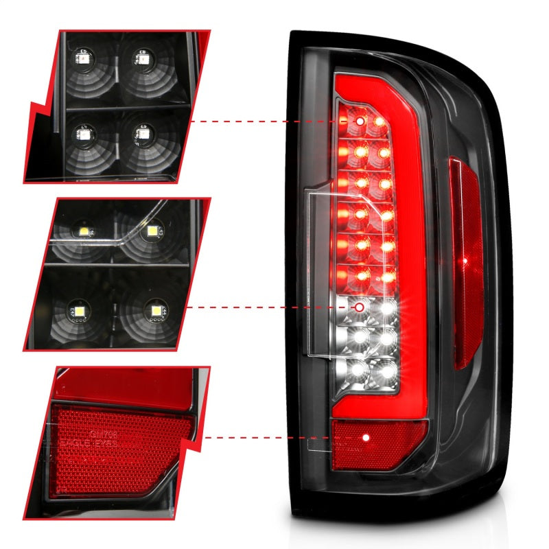 ANZO Full LED Tail Lights for Chevrolet Colorado with a red lightbar, showcasing modern design and enhanced visibility.
