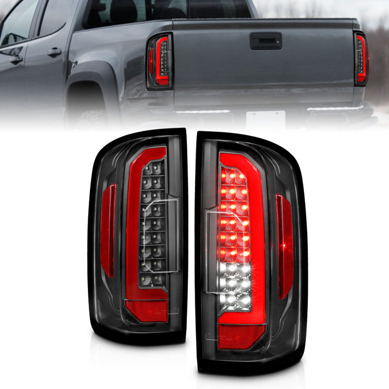 ANZO Full LED Tail Lights for Chevrolet Colorado with a red lightbar, showcasing modern design and enhanced visibility.