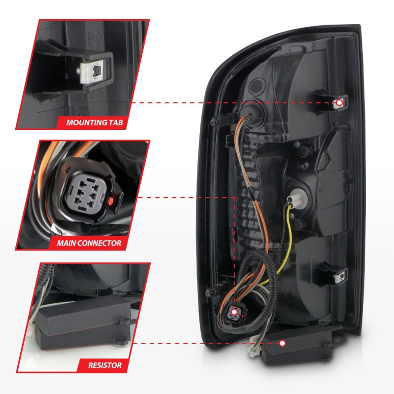 ANZO Full LED Tail Lights for GMC Canyon with black housing and red lightbar, showcasing modern design and bright illumination.