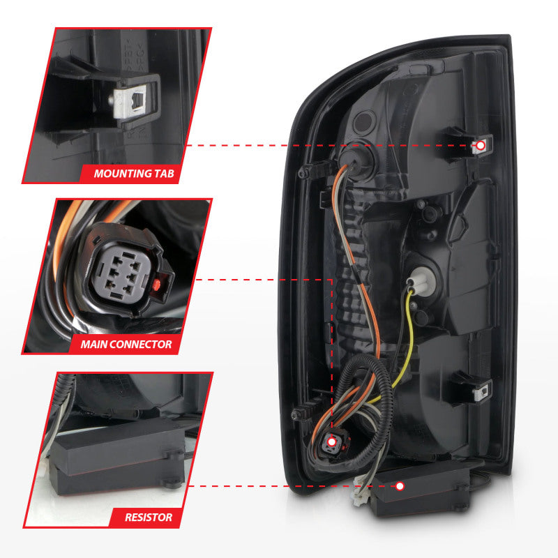 ANZO Full LED Tail Lights for GMC Canyon with black housing and red lightbar, showcasing modern design and bright illumination.