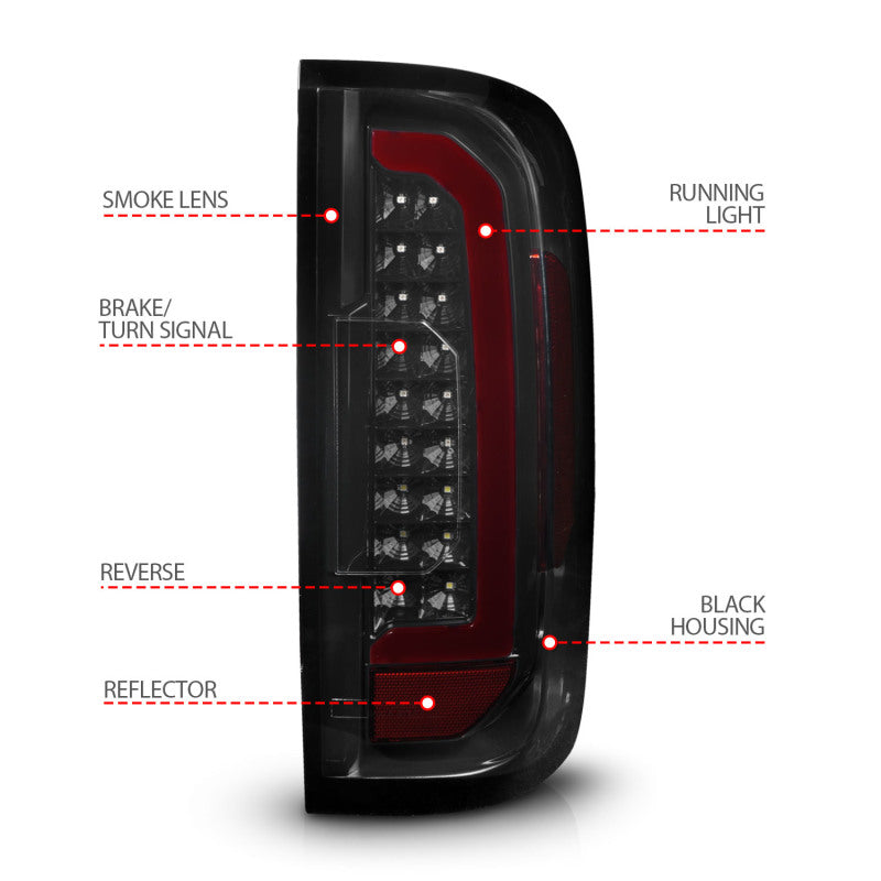 ANZO Full LED Tail Lights for GMC Canyon with black housing and red lightbar, showcasing modern design and bright illumination.