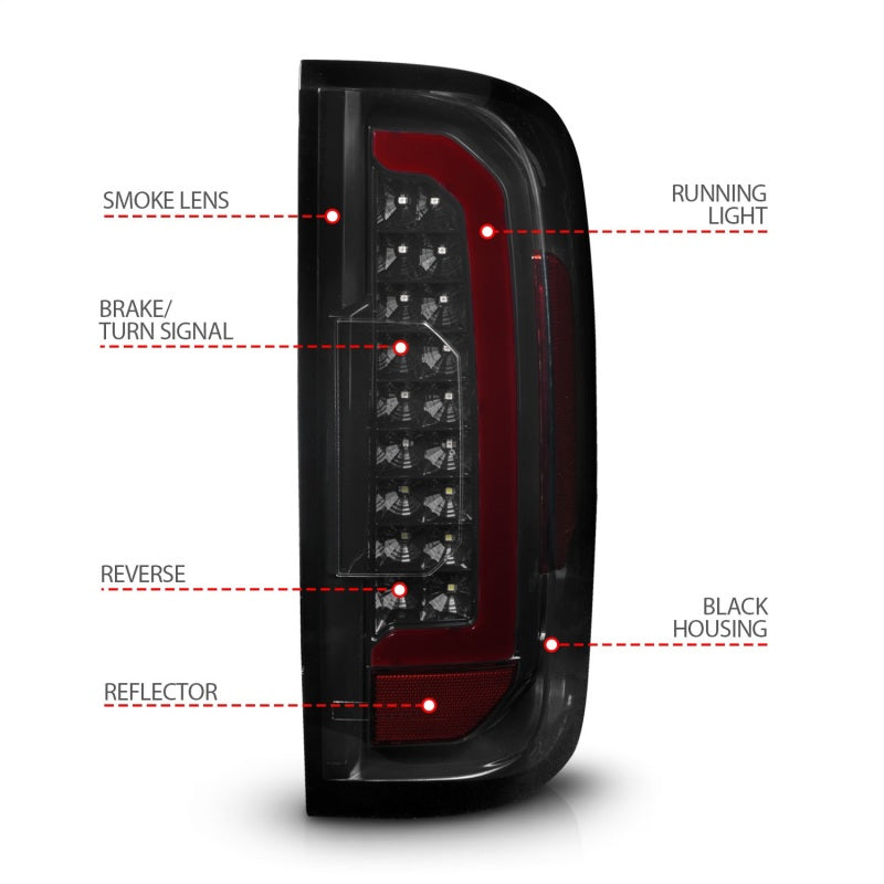 ANZO Full LED Tail Lights for GMC Canyon with black housing and red lightbar, showcasing modern design and bright illumination.