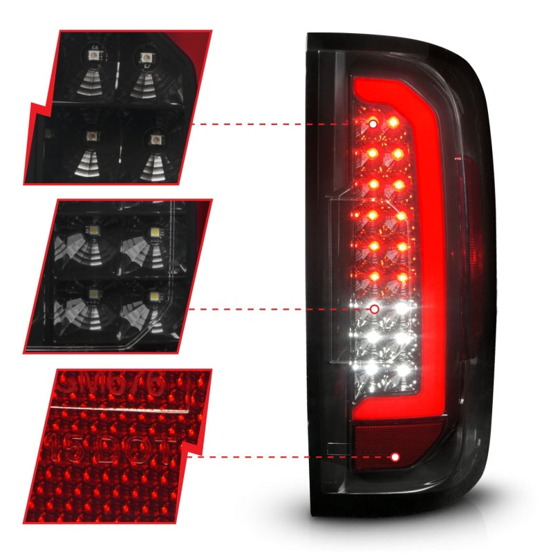 ANZO Full LED Tail Lights for GMC Canyon with black housing and red lightbar, showcasing modern design and bright illumination.