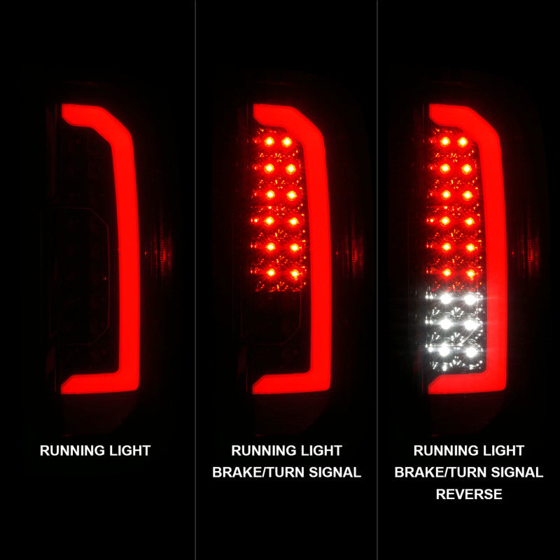 ANZO Full LED Tail Lights for GMC Canyon with black housing and red lightbar, showcasing modern design and bright illumination.