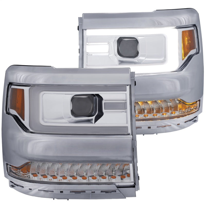 ANZO 16+ Chevy Silverado 1500 projector headlights with clear lens and chrome housing, showcasing modern design and enhanced visibility.
