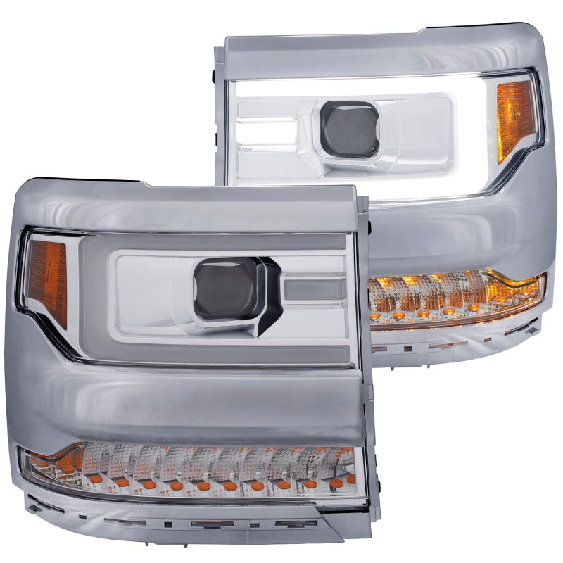 ANZO 16+ Chevy Silverado 1500 projector headlights with clear lens and chrome housing, showcasing modern design and enhanced visibility.