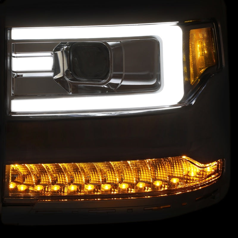 ANZO 16-17 Chevy Silverado 1500 Projector Headlights with clear lens and chrome housing, showcasing a modern plank style design.