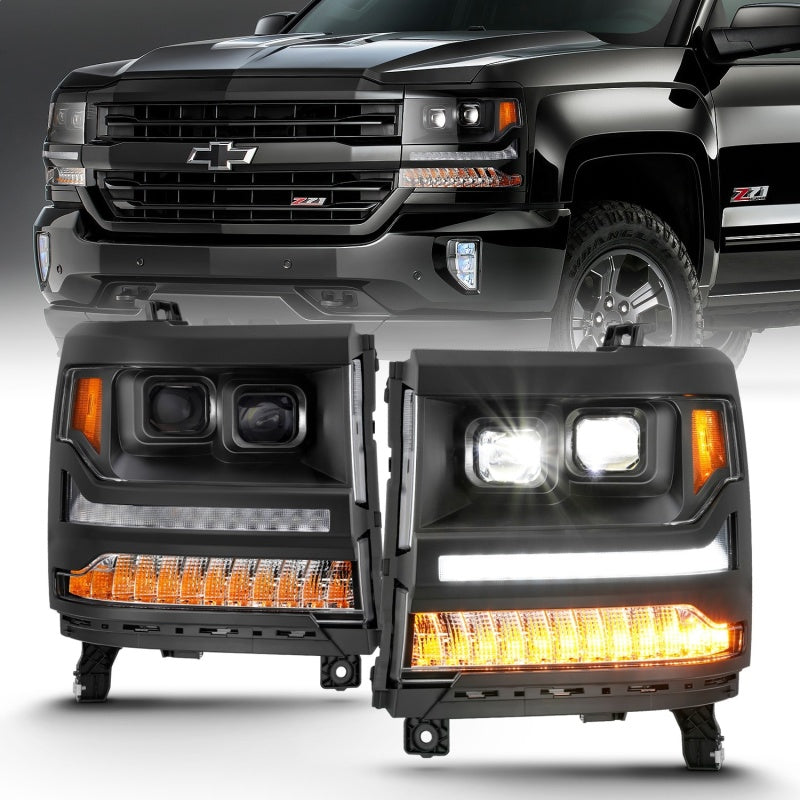ANZO LED projector headlights for 2016-2018 Chevrolet Silverado 1500 with clear lens and black housing.