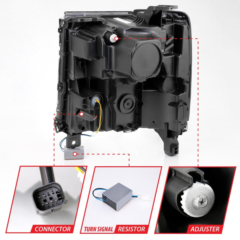 ANZO LED projector headlights for 2016-2018 Chevrolet Silverado 1500 with clear lens and black housing.