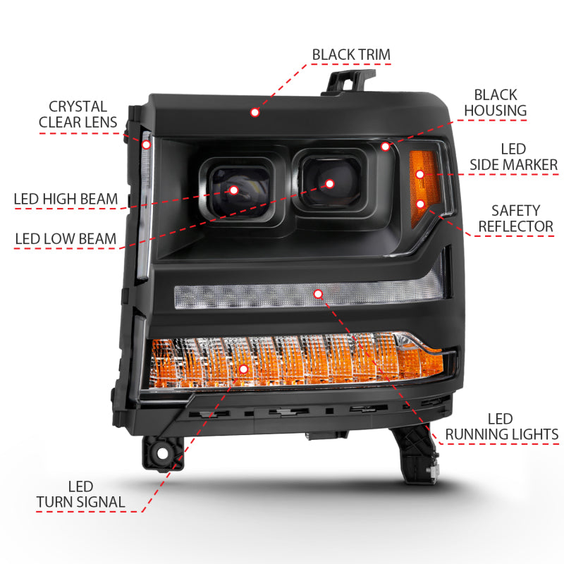 ANZO LED projector headlights for 2016-2018 Chevrolet Silverado 1500 with clear lens and black housing.