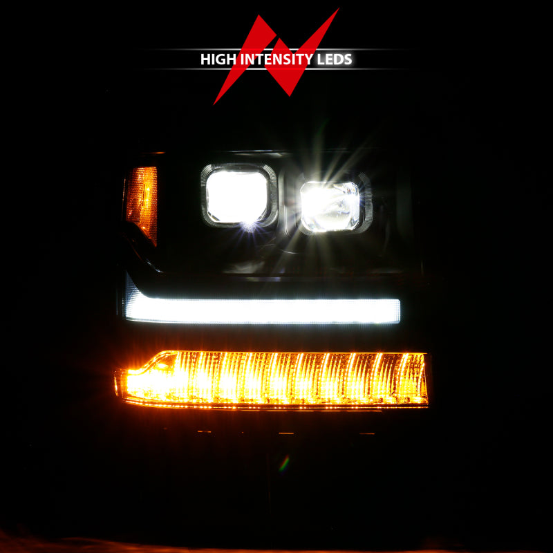 ANZO LED projector headlights for 2016-2018 Chevrolet Silverado 1500 with clear lens and black housing.