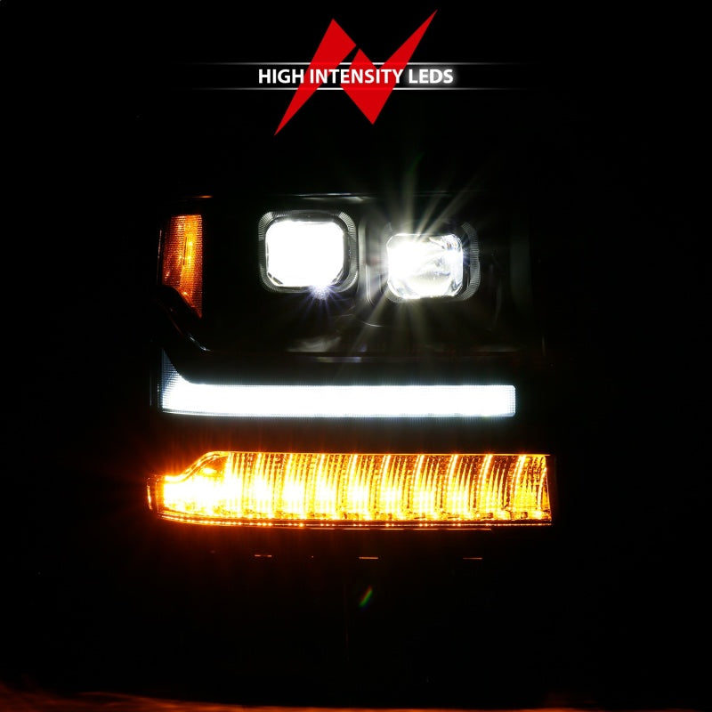 ANZO LED projector headlights for 2016-2018 Chevrolet Silverado 1500 with clear lens and black housing.