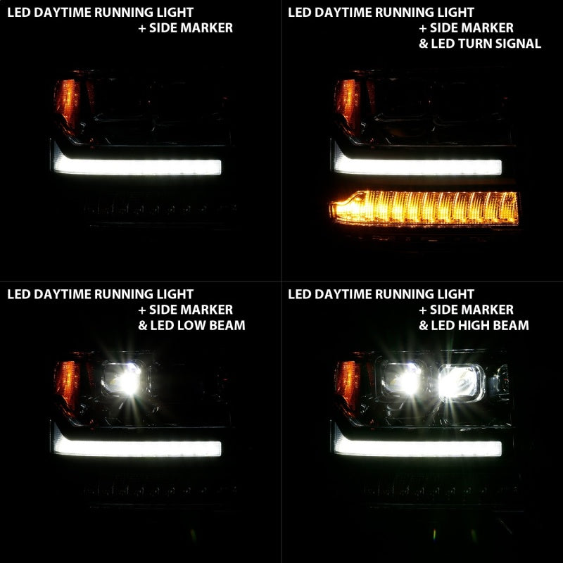 ANZO LED projector headlights for 2016-2018 Chevrolet Silverado 1500 with clear lens and black housing.