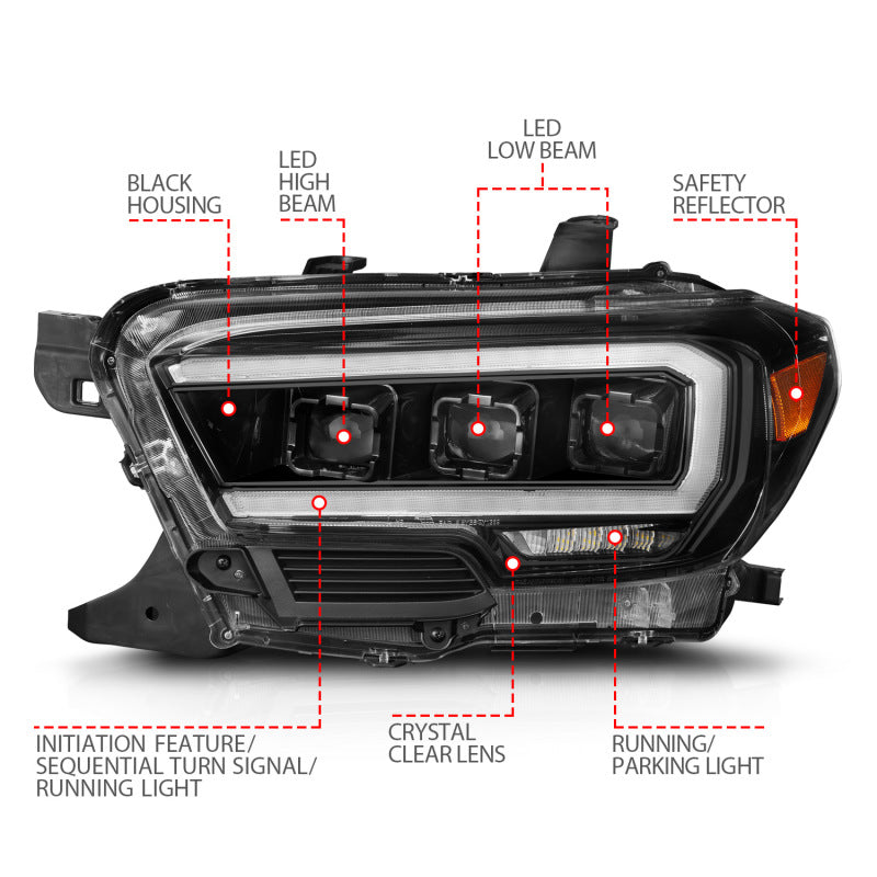 ANZO Full LED Projector Headlights for 2016-2022 Toyota Tacoma SR/SR5, showcasing sleek design and advanced LED technology.