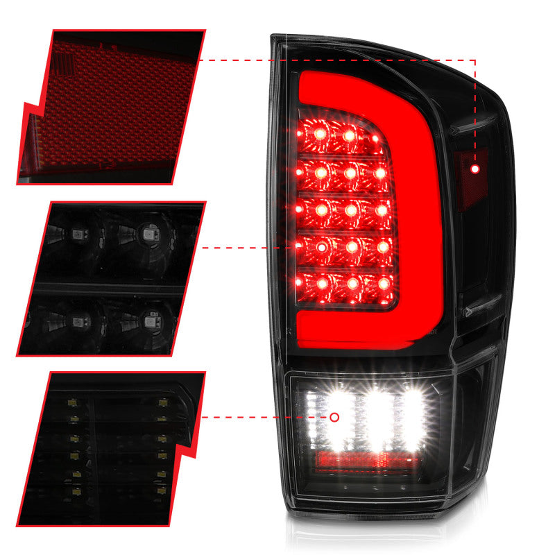 ANZO LED Tail Lights for 2016-2022 Toyota Tacoma featuring a light bar sequential design, enhancing visibility and style.