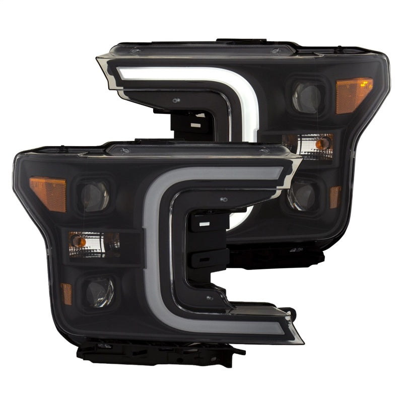 ANZO LED projector headlights for 2018-2020 Ford F-150 with plank style switchback design, showcasing modern aesthetics and superior illumination.